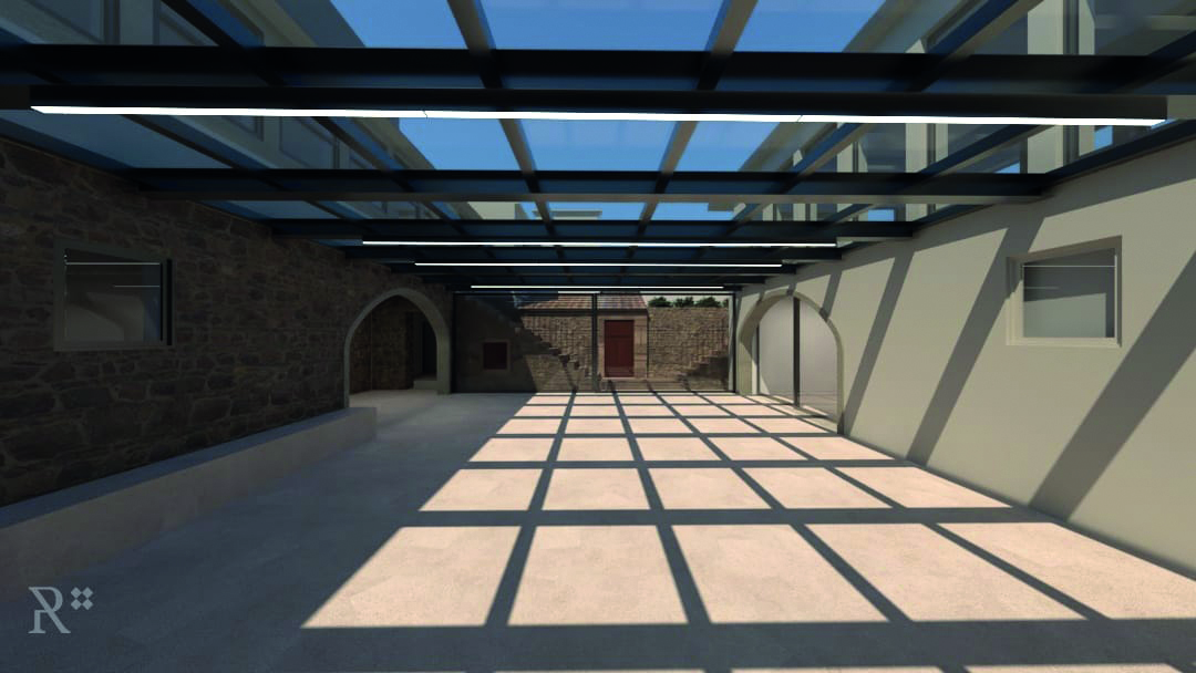 Espaço com cobertura em vidro onde se pode circular